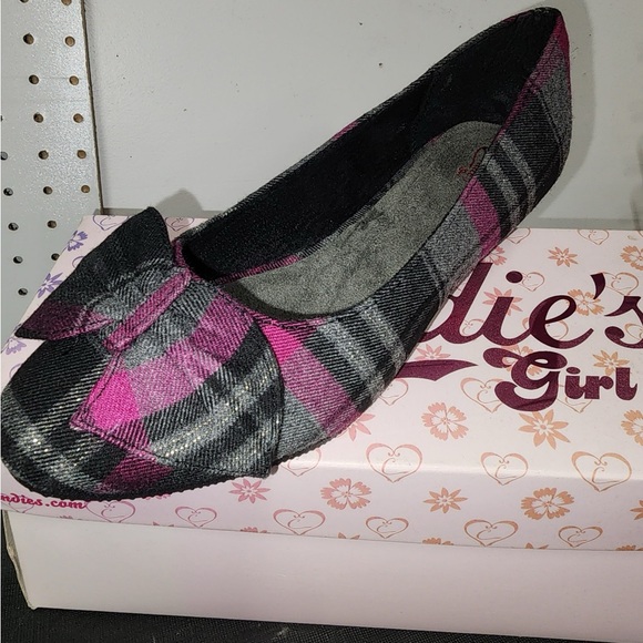 New 252 Candies Tilda plaid dress shoe slip on black pink bow girls youth size 2